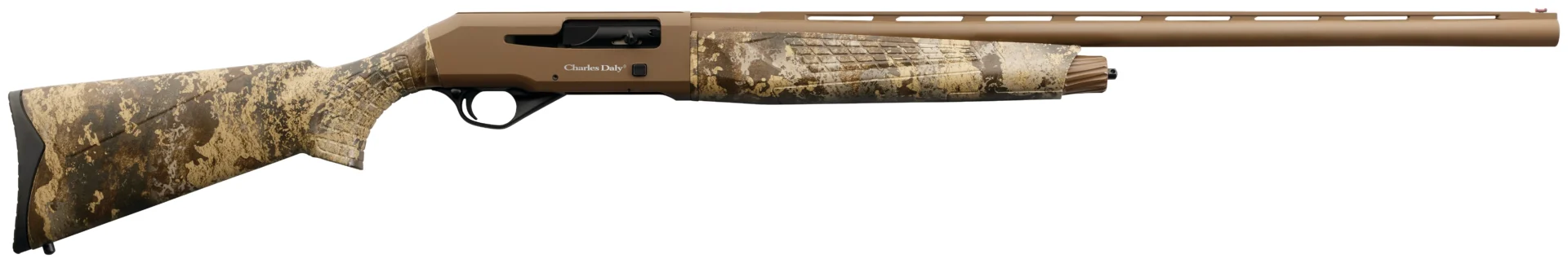 Charles Daly 601 Field 12ga 28in vent rib shotgun with TrueTimber Prairie synthetic stock and FDE Cerakote finish