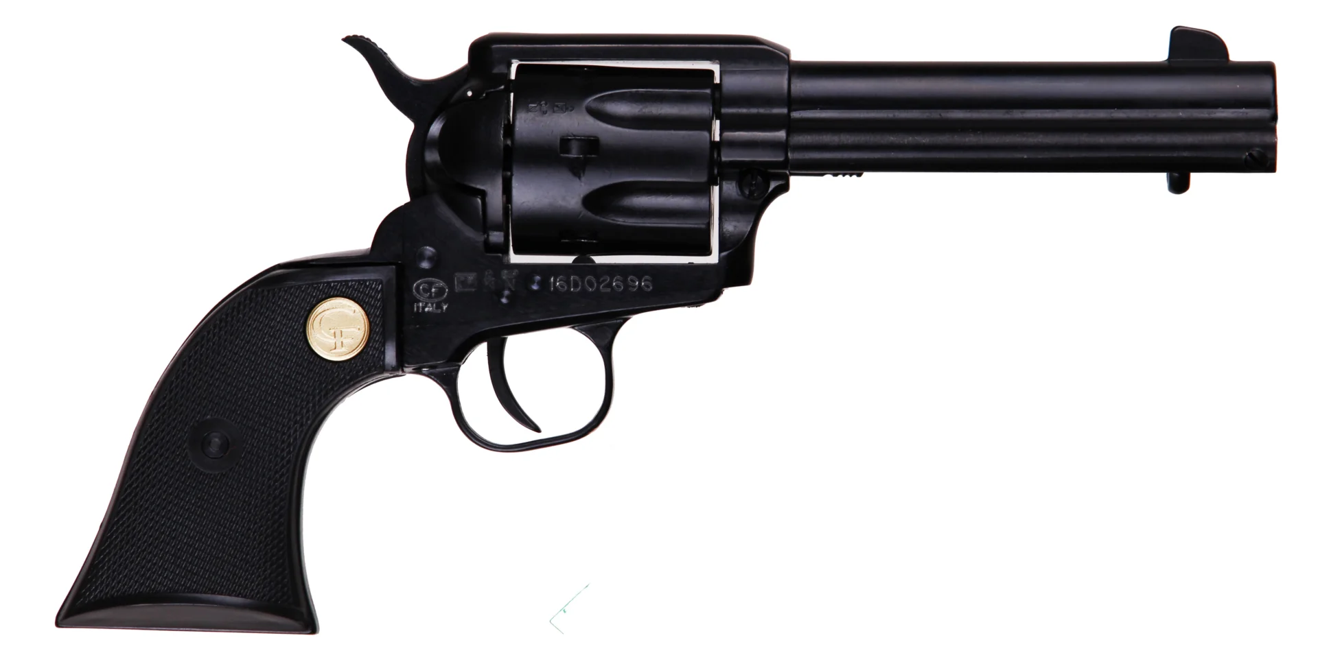 Chiappa 1873 SAA 4.75 inch blued dual-cylinder revolver with black polymer grips