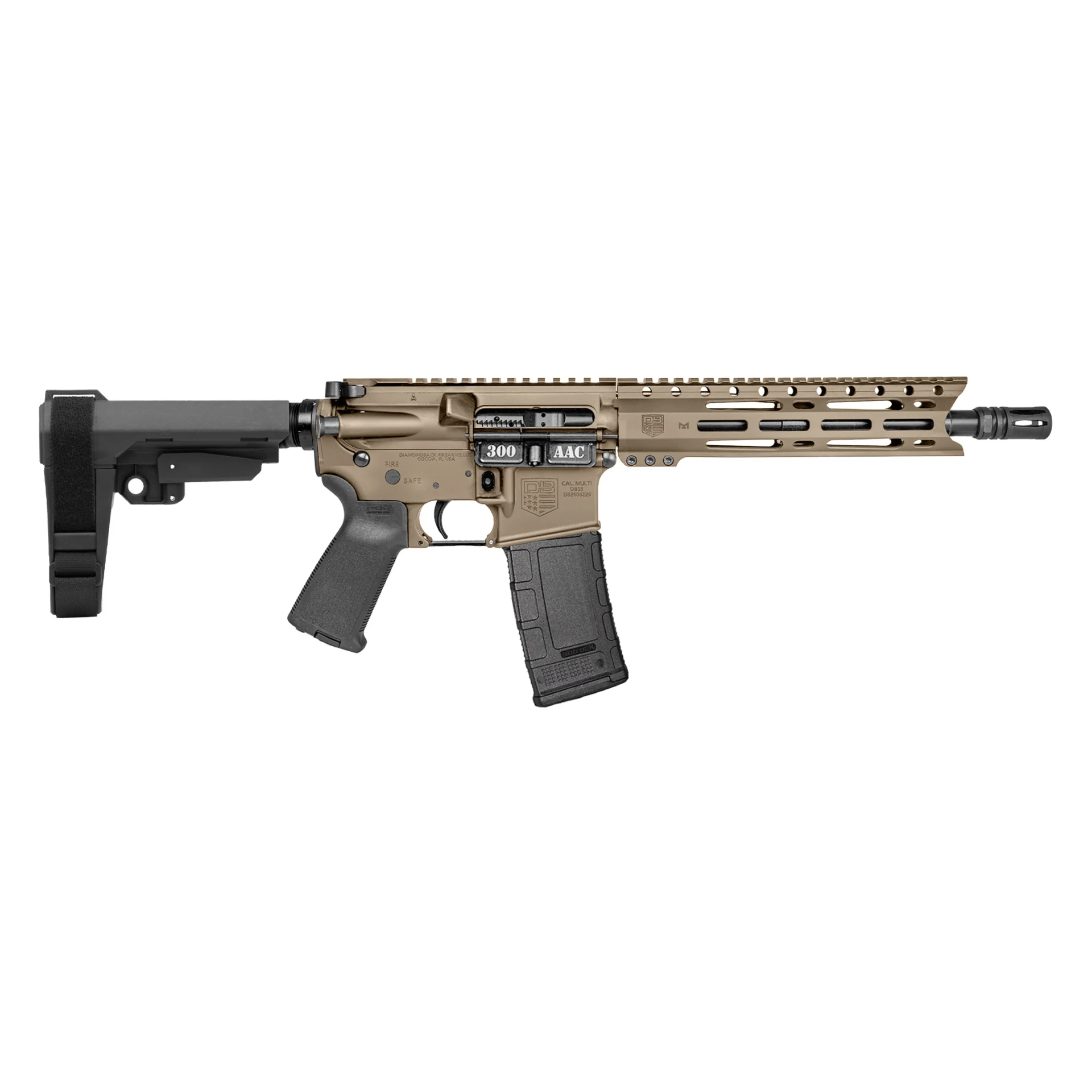 Diamondback DB15 Carbon .300 AAC Blackout 10-inch pistol in Flat Dark Earth with SBA3 brace and 30rd Magpul PMAG