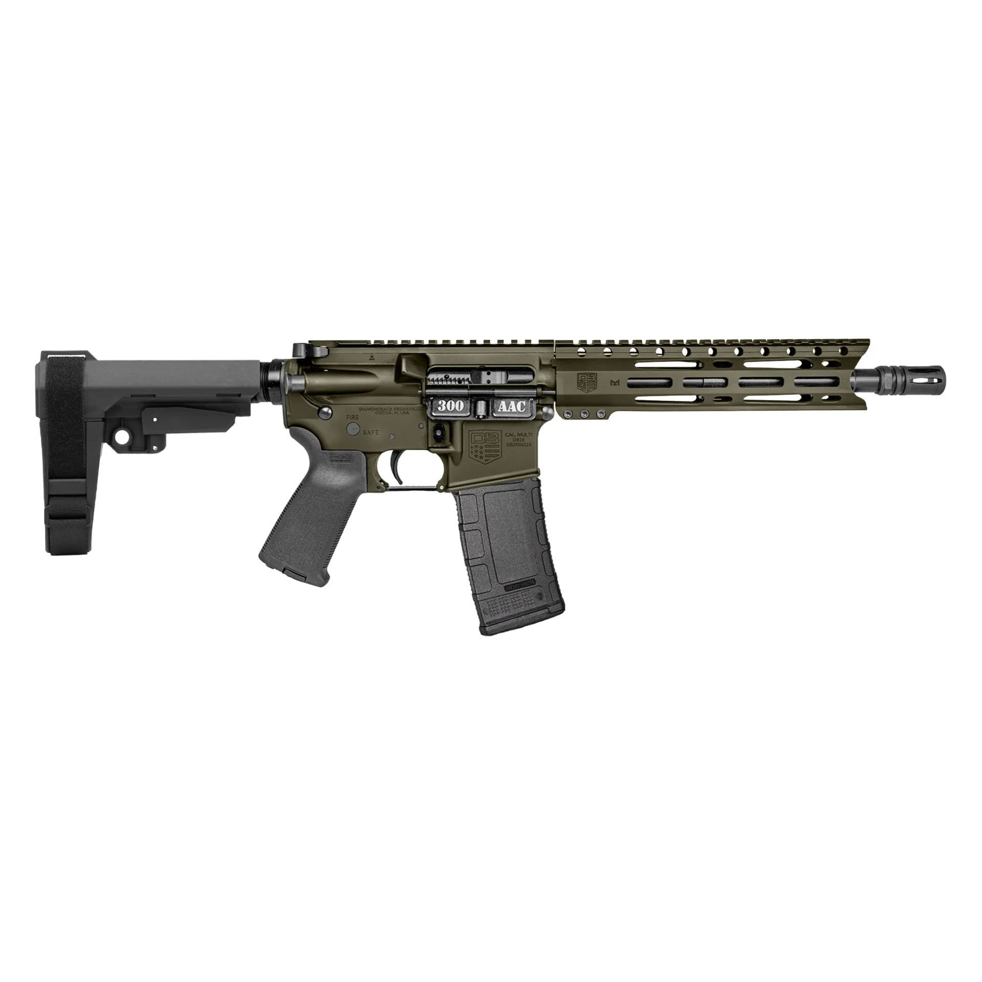 Diamondback DB15 .300 AAC Blackout 10-inch OD Green pistol with 9-inch M-LOK handguard and SBA3 brace