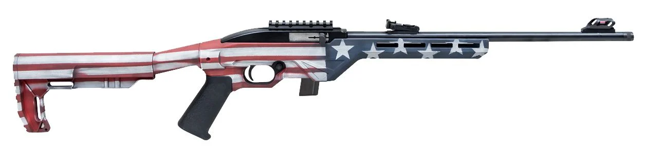 Citadel TRAKR .22 LR rifle with 18-inch threaded blued barrel and American Flag synthetic stock