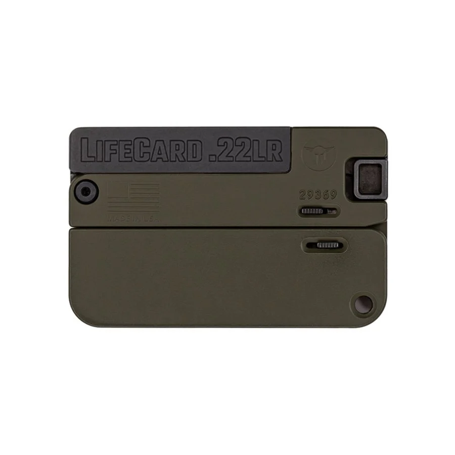 Trailblazer Lifecard .22 LR single-shot pistol in OD Green aluminum, folded credit-card profile