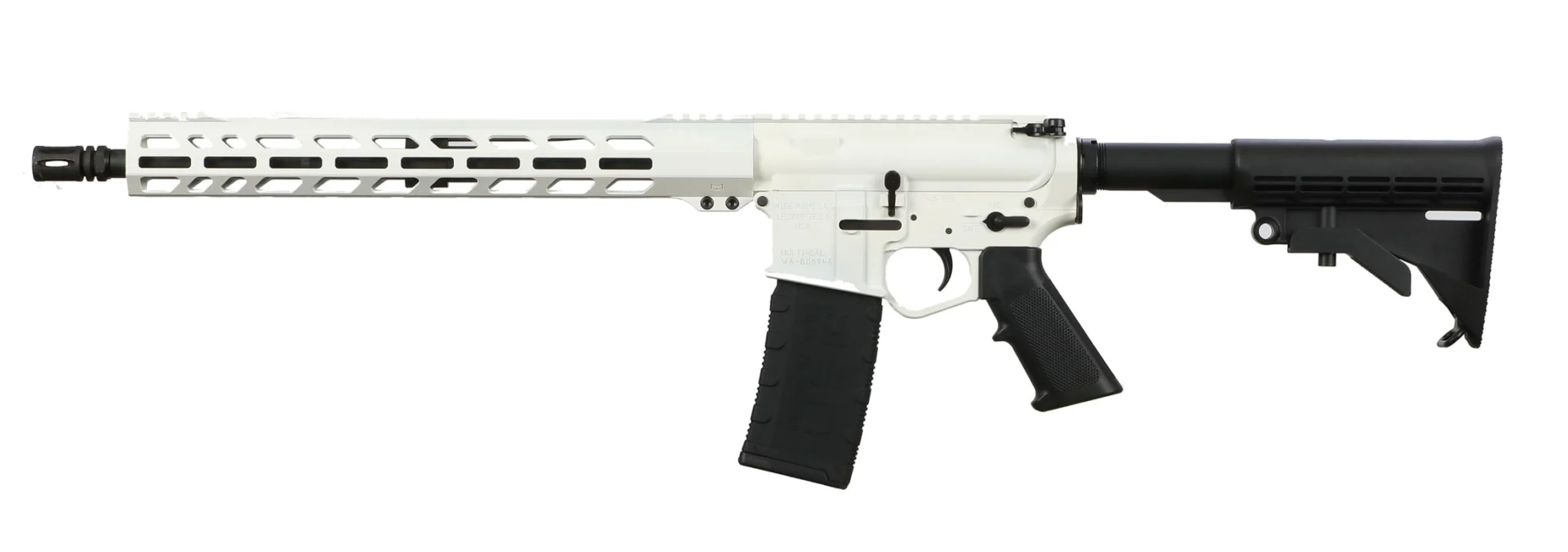 Wise Arms WA-15B 5.56 NATO 16 inch AR-style rifle in white Cerakote showing right-side profile